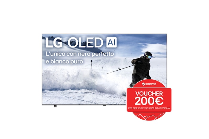 Vista frontale di una TV 83 pollici LG OLED AI B5 4K Smart TV 2025 OLED83B56LA con bollo promozione